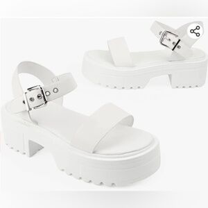 Sandals-7 White Open Toe Chunky Block Heel Ankle Strap Buckle Platform Shoes New